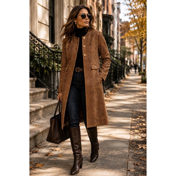 Anne Klein Jackets & Blazers - Faux Reptile Snakeskin Long Statement Coat Gold Buttons Brown Chic Sz M *FLAW